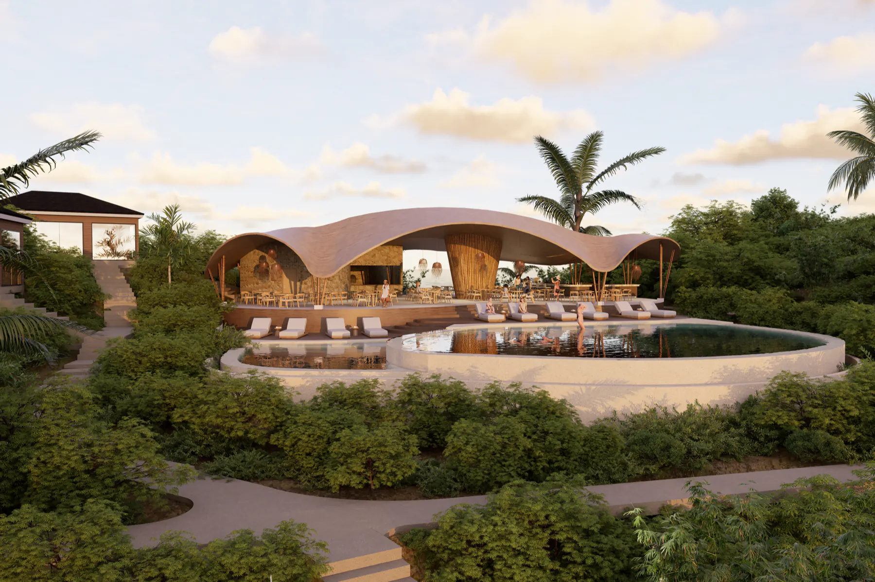 La piscina a sfioro e il padiglione ristorante dell'Hilltop Komodo Resort