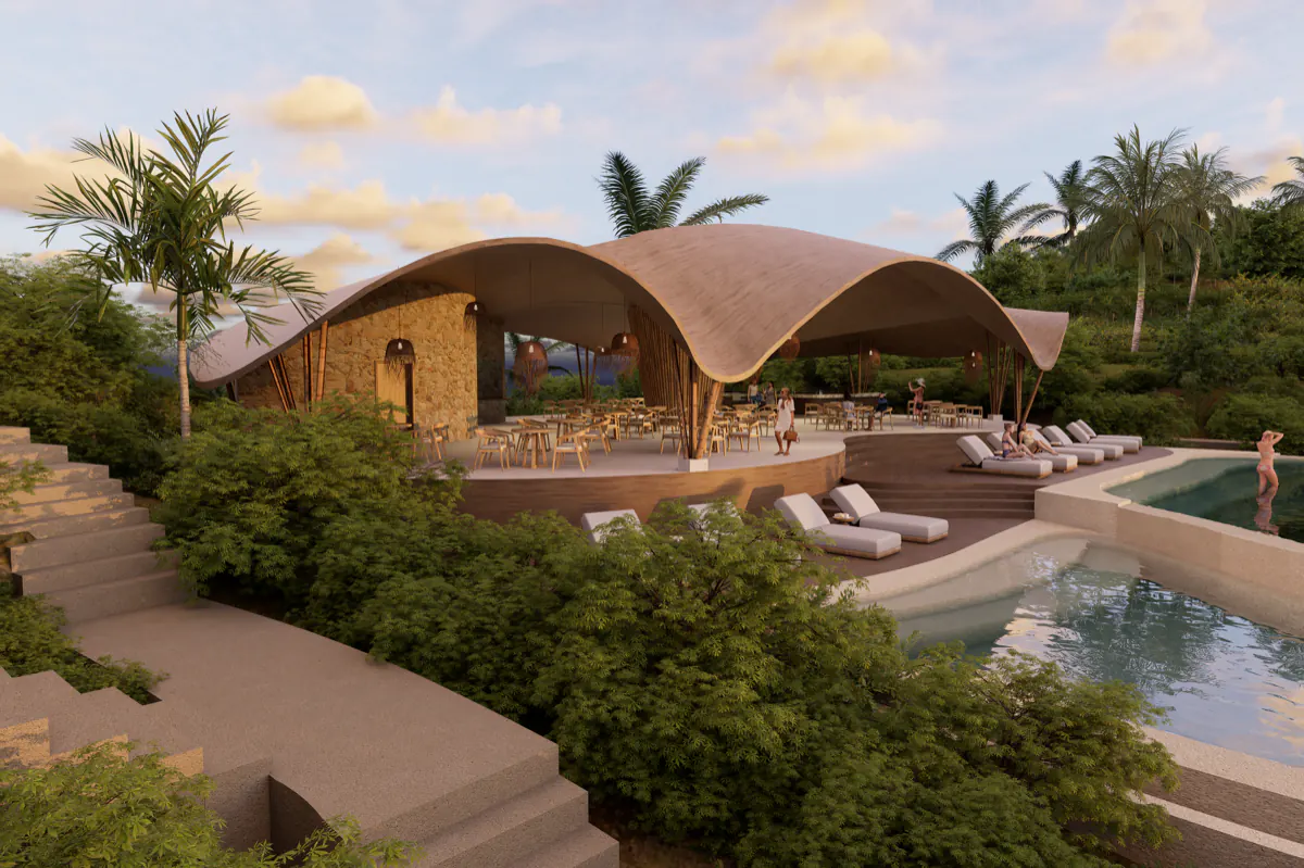 Il tetto curvo in legno del ristorante dell’Hilltop Komodo Resort, sopra la piscina