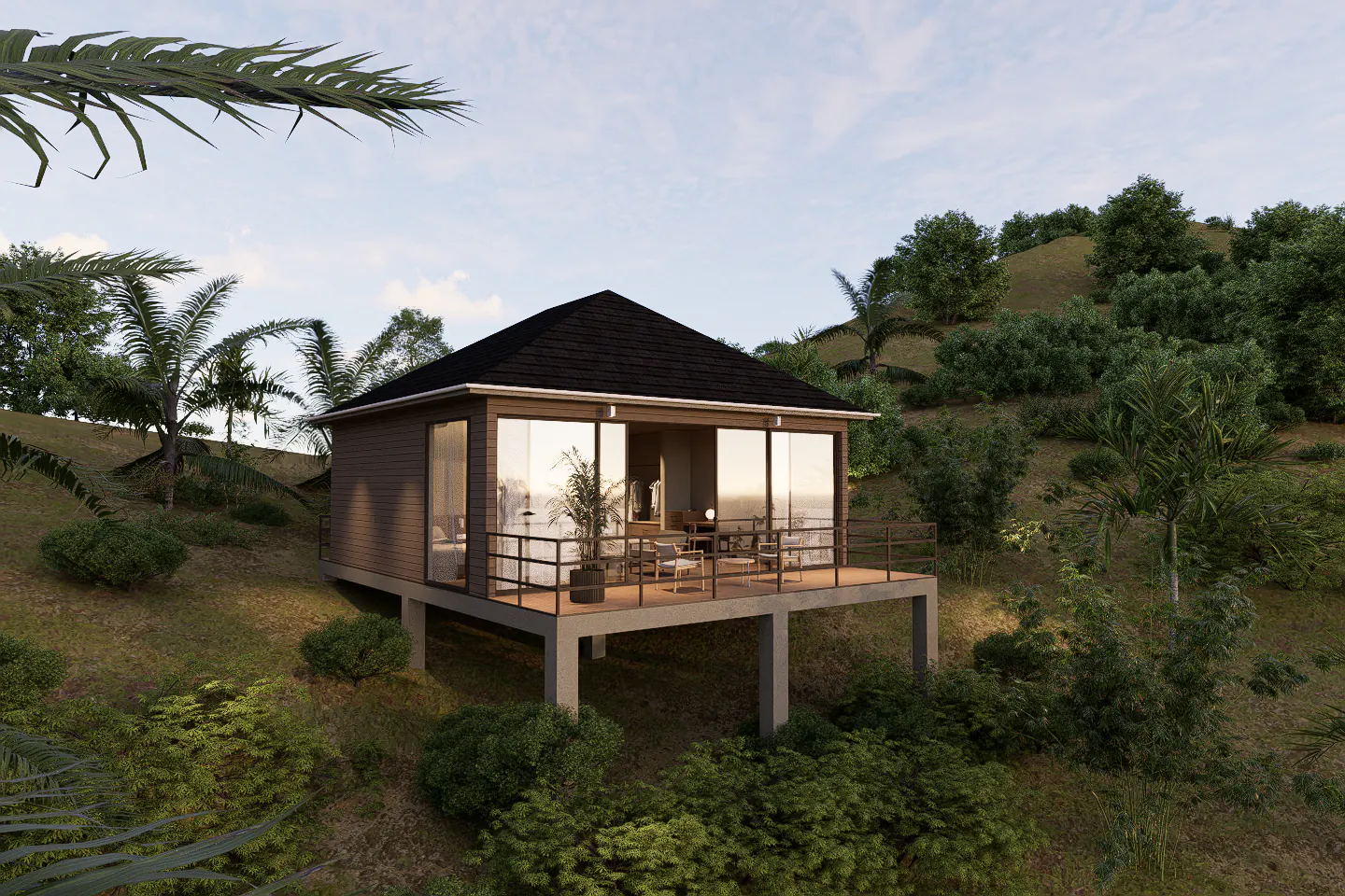Un bungalow "Hilltop Sunrise" costruito su palafitte sopra gli alberi