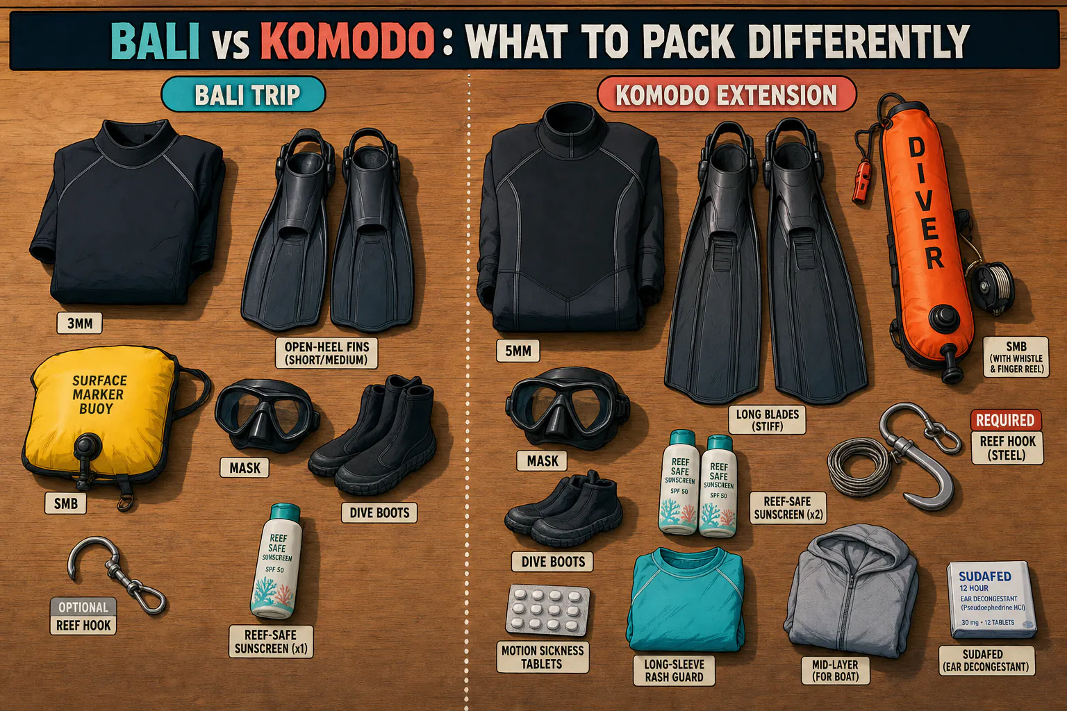 Side-by-side cel-shaded comparison infographic showing the gear differences between a pure Bali dive trip (3mm wetsuit, light fins, basic SMB, optional reef hook) and a Bali + Komodo extension trip (5mm wetsuit recommended, stiff long-blade fins, reef hook required, larger SMB with whistle, motion sickness tablets, mid-layer for cool night dives), with both kits laid out on a wooden surface.
