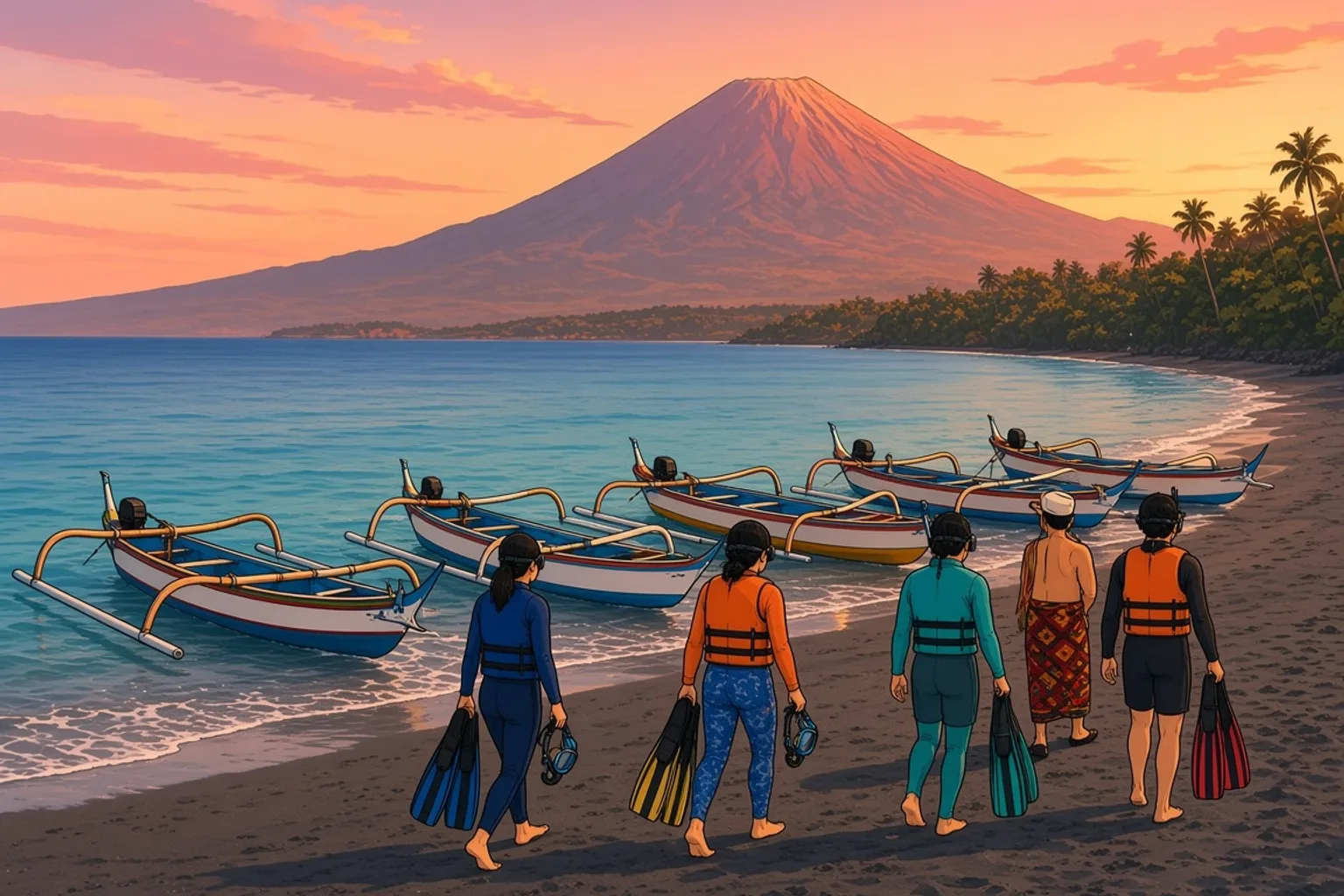 Brightly painted jukung outrigger boats pulled up on the black-sand beach at Amed at sunrise, with snorkelers carrying fins towards the water and Mount Agung in the background.