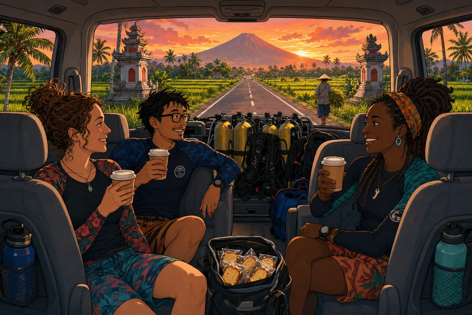 Cel-shaded illustration of three sleepy-but-excited divers of mixed nationalities sitting in the back of a Toyota Hiace dive van at sunrise, holding paper coffee cups, with yellow scuba tanks and BCDs stacked in the rear, looking through the windscreen at a long east Bali road lined with palm trees and rice paddies with the silhouette of Mount Agung volcano rising in the orange dawn sky ahead.