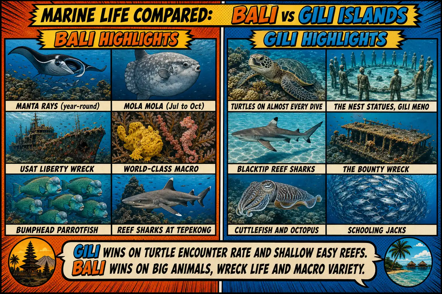 Comic-style infographic comparing marine life in Bali and the Gili Islands, with tiles for manta rays, mola mola, the USAT Liberty wreck, macro critters, bumphead parrotfish and reef sharks on the Bali side, and turtles, the Nest statues, blacktip reef sharks, the Bounty wreck, cuttlefish and schooling jacks on the Gili side
