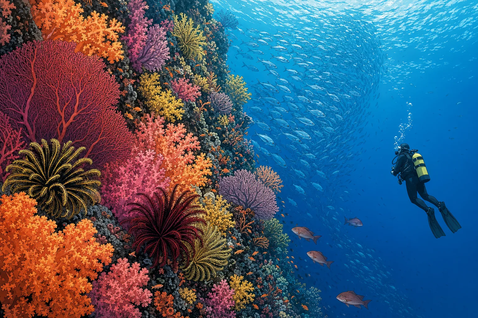 A single scuba diver hovering in the blue beside the soft-coral-encrusted vertical wall of Ceningan, with red and yellow crinoids, sea fans and a school of bigeye trevally tornadoing in the distance.