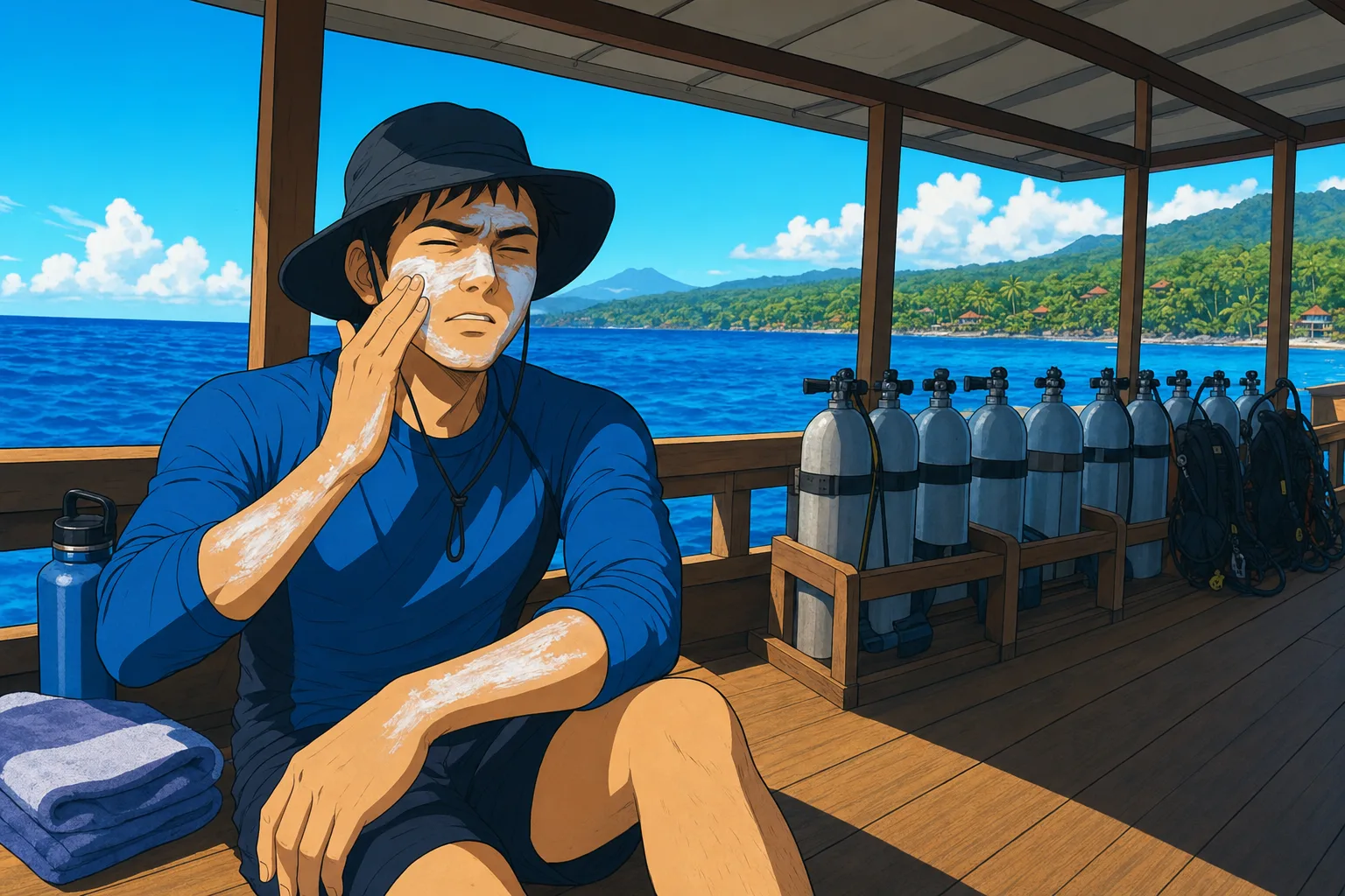 Cel-shaded illustration of a diver in a long-sleeved rash guard and hat applying sunscreen in the shade of a Balinese dive boat canopy under intense midday sun.