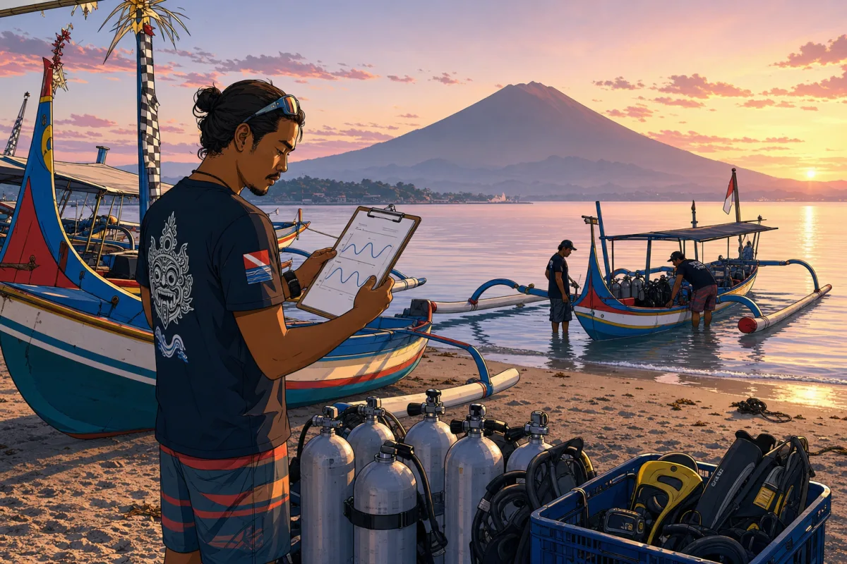 Cel-shaded illustration of a Balinese dive guide at a beach harbour in early morning light studying a tide chart clipboard next to traditional jukung outrigger boats, calm glassy sea and Mount Agung behind, dive tanks and gear crates ready for loading.