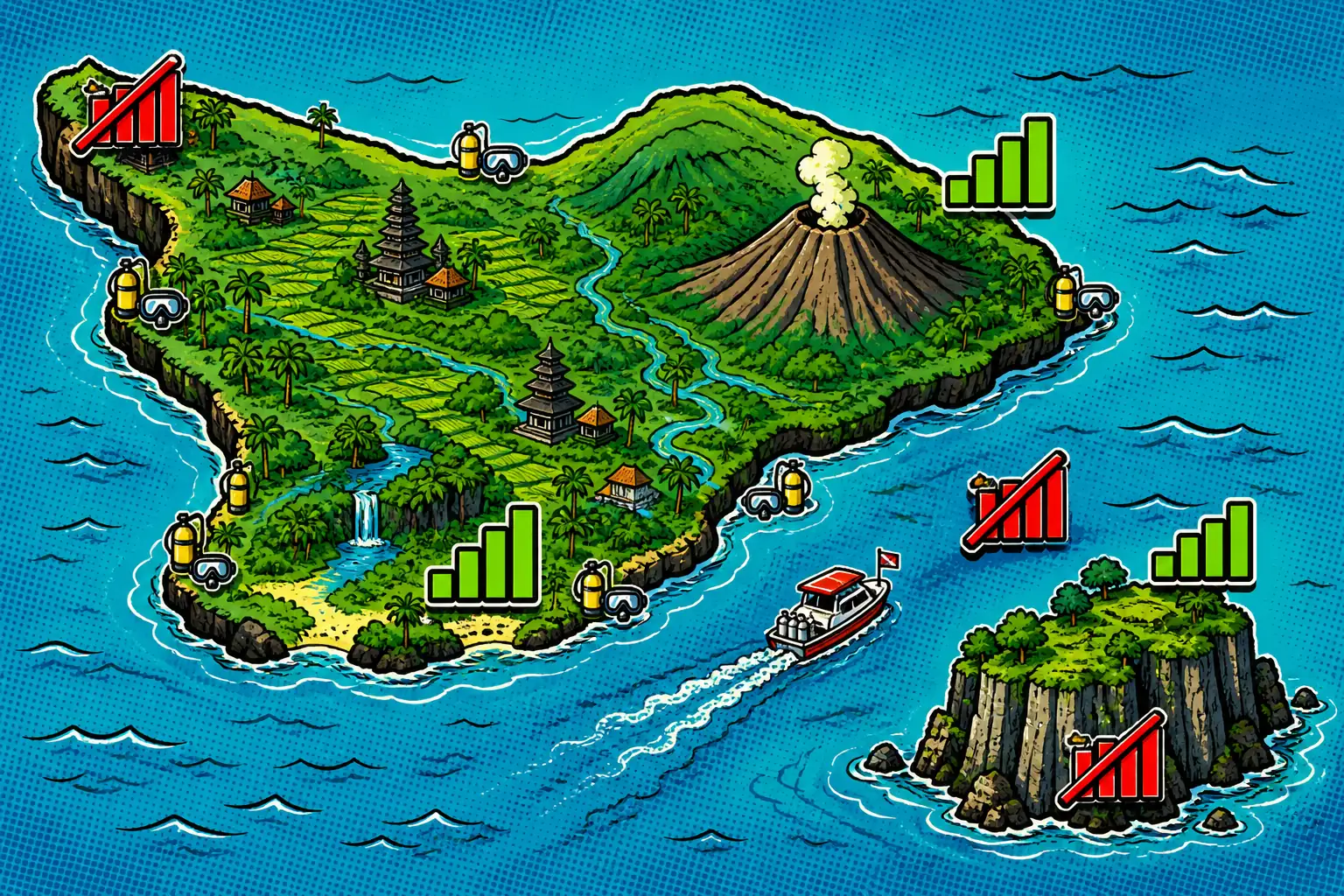Comic-style map of Bali and Nusa Penida with bright green four-bar signal icons over the south coast, north east coast and Penida's north shore, and red crossed-out signal icons over the channel crossing, Penida's southern cliffs and the far north west tip of Bali