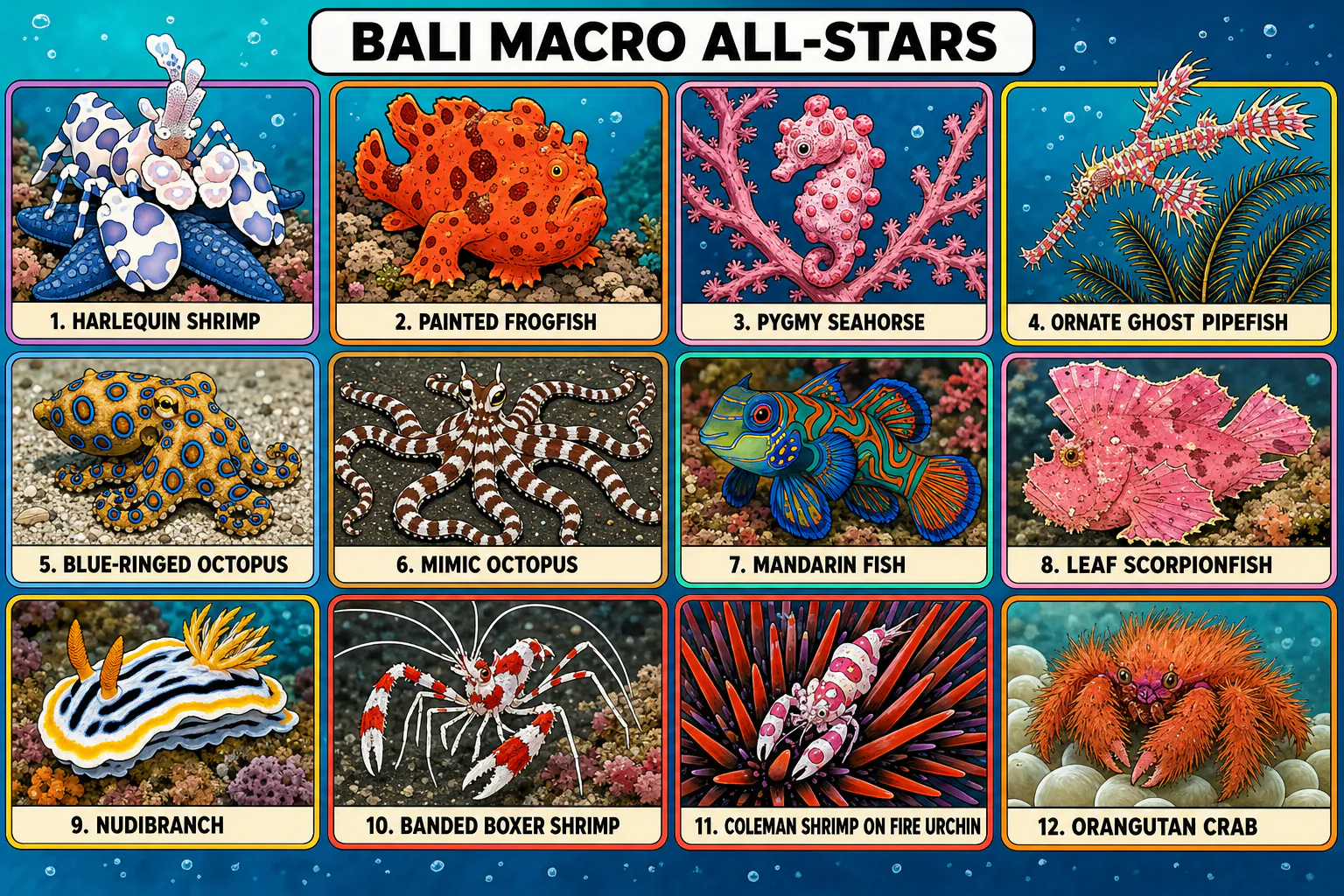 Stylised critter identification card showing twelve of Bali's most photographed macro subjects with names: harlequin shrimp, painted frogfish, pygmy seahorse, ornate ghost pipefish, blue-ringed octopus, mimic octopus, mandarin fish, leaf scorpionfish, nudibranch, banded boxer shrimp, Coleman shrimp on fire urchin, and orangutan crab.