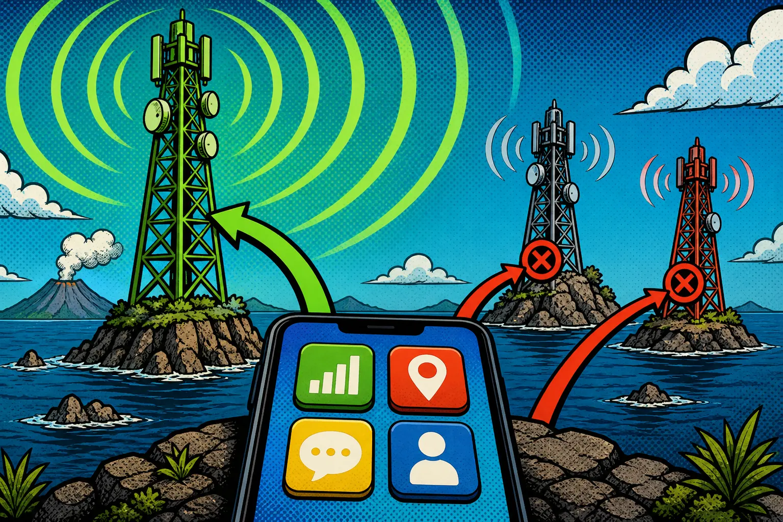 Comic-style infographic showing a smartphone with three arrows reaching toward cell towers, one large green tower with wide waves covering distant islands and a volcano, and two smaller grey and red towers whose short waves end in red crossed circles