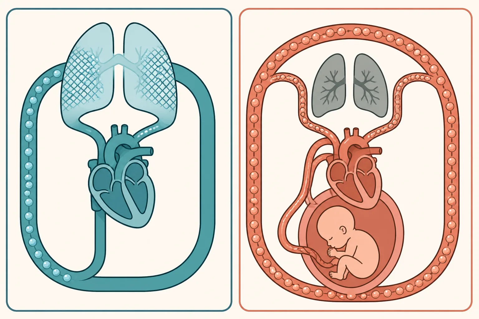 Schematic contrasting adult circulation passing through the lungs as a bubble filter with fetal circulation bypassing the lungs through two shunts
