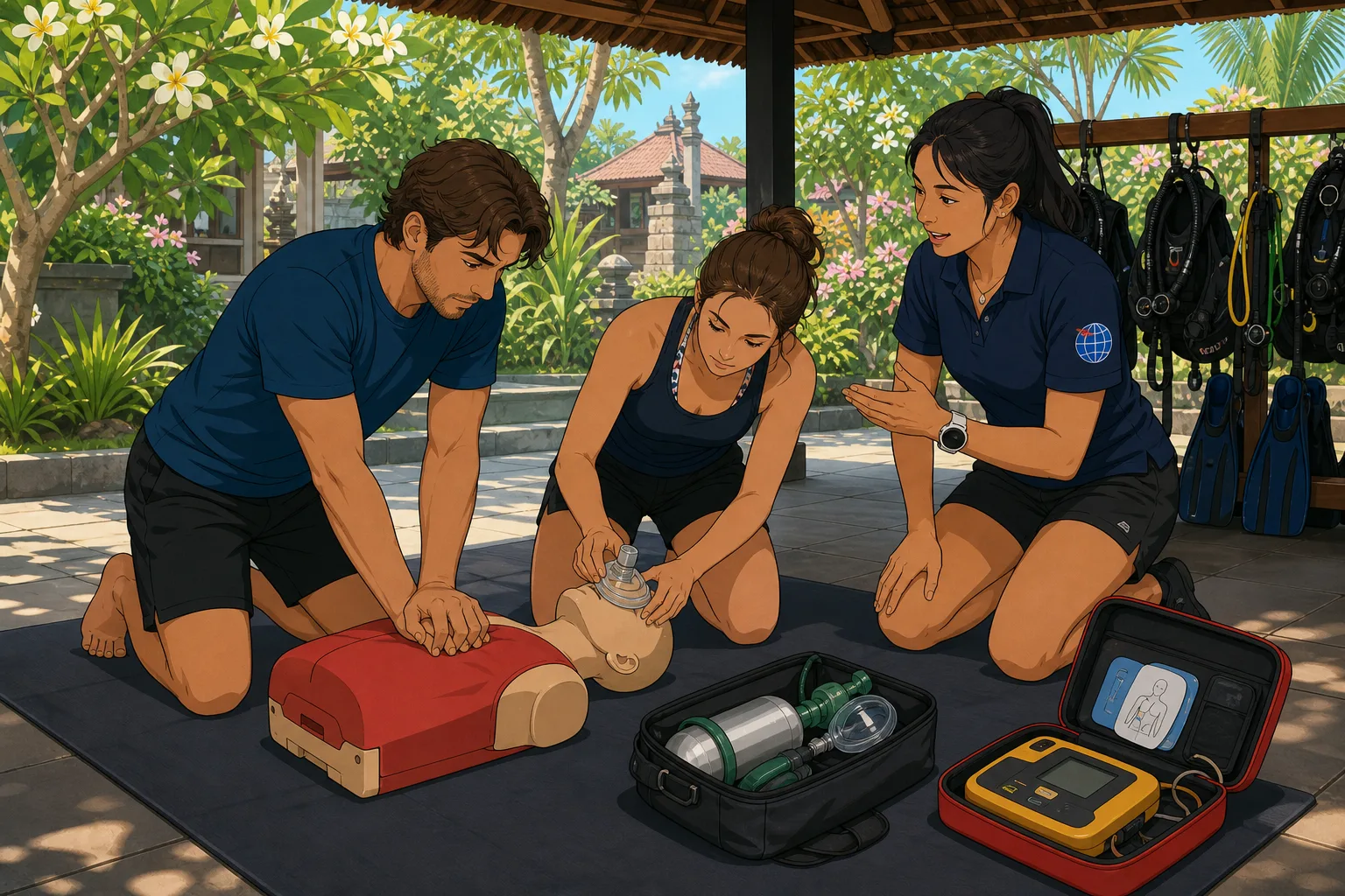 Cel-shaded illustration of two students practising CPR on a training manikin with a pocket mask, oxygen kit and AED trainer, coached by a PADI instructor in a tropical Bali dive centre garden.
