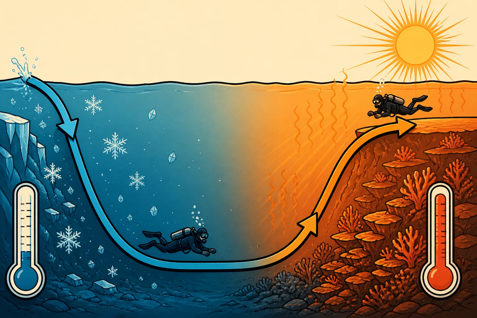 Comic-style diagram of a dive profile drawn as a U shaped curve, the descent and bottom half shaded cool blue with snowflakes and a thermometer reading low, the ascent and shallow safety stop half shaded warm orange with sun rays and a thermometer reading high, and a small scuba diver figure swimming on each half