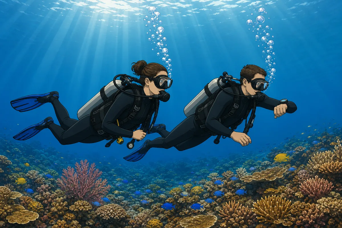 Two newly trained scuba divers hovering horizontally at a shallow safety stop above a coral reef in Bali, one checking a dive computer on the wrist