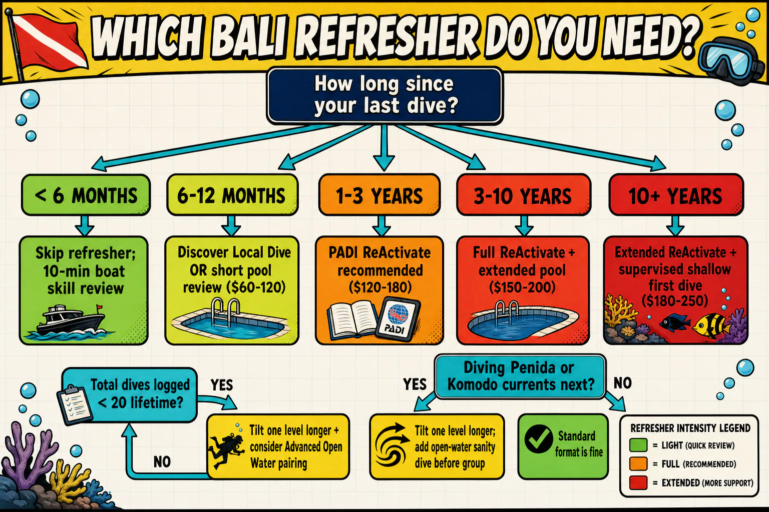 Cel-shaded decision flowchart helping a returning scuba diver in Bali choose the right refresher path. Starting from the top: 'How long since your last dive?' Branches into '< 6 months' (Skip refresher, optional 10-min boat review), '6-12 months' (Discover Local Dive or short pool review), '1-3 years' (PADI ReActivate recommended), '3-10 years' (Full PADI ReActivate with extended pool session), '10+ years' (ReActivate + shallow instructor-led first dive). A side branch asks 'Total dives logged?' with low-experience answers tilting toward more thorough refreshers. Another branch asks 'Diving Penida/Komodo currents next?' tilting yes toward longer pool prep. Color-coded with green (light refresher), orange (full ReActivate), red (extended program), turquoise arrows linking decisions.