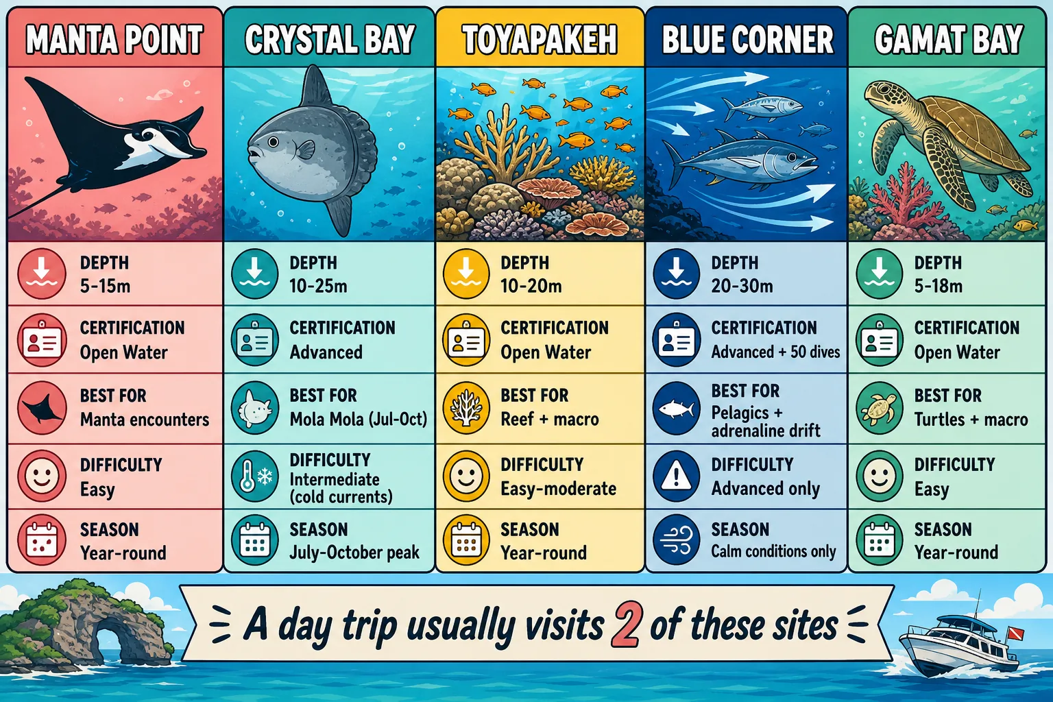 Cel-shaded infographic decision matrix of the top 5 Nusa Penida dive sites for day-trippers, arranged as five colour-coded columns: Manta Point (5-15 m, Open Water, year-round manta encounters), Crystal Bay (10-25 m, Advanced, mola mola July-October), Toyapakeh (10-20 m, Open Water, reef and macro), Blue Corner (20-30 m, Advanced plus 50 dives, pelagic drift, calm conditions only) and Gamat Bay (5-18 m, Open Water, turtles and macro). Bottom banner notes 'A day trip usually visits 2 of these sites'.