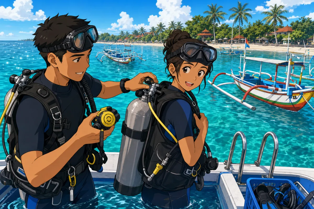 Cel-shaded illustration of two dive buddies at the surface performing their pre-dive buddy check beside a boat ladder: one checks the other's tank valve and octopus regulator, both wearing BCDs, bright tropical morning light, jukung outrigger boats and the Sanur shoreline in the distance.