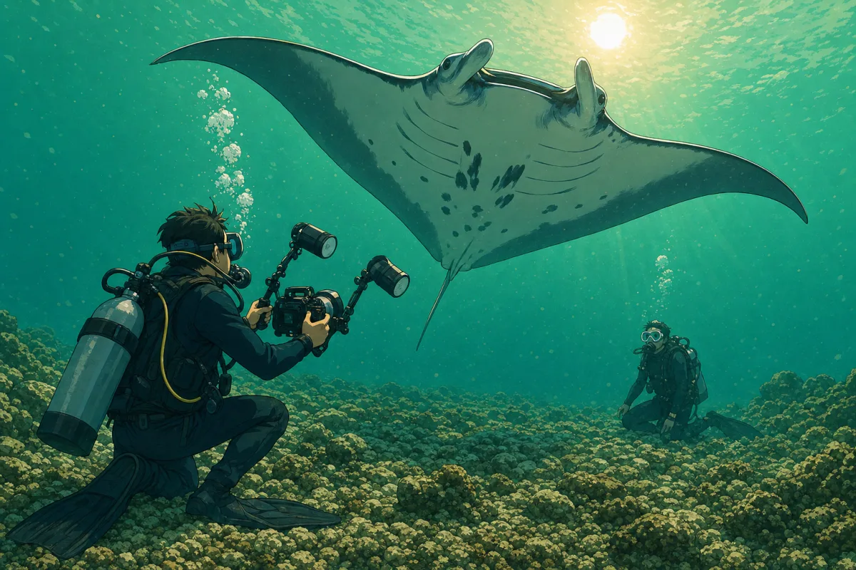 Cel-shaded illustration of a wide-angle moment at Manta Point Nusa Penida: a photographer holding a large camera rig low and steady as a huge manta ray glides overhead toward the sunball, plankton particles in the blue-green water, another diver watching from the reef rubble.