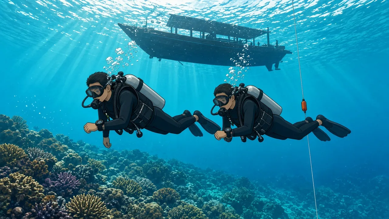 Two scuba divers hovering side by side at five metres during a safety stop above a Bali coral reef, both checking the countdown on their wrist dive computers, with a traditional dive boat at the surface above.
