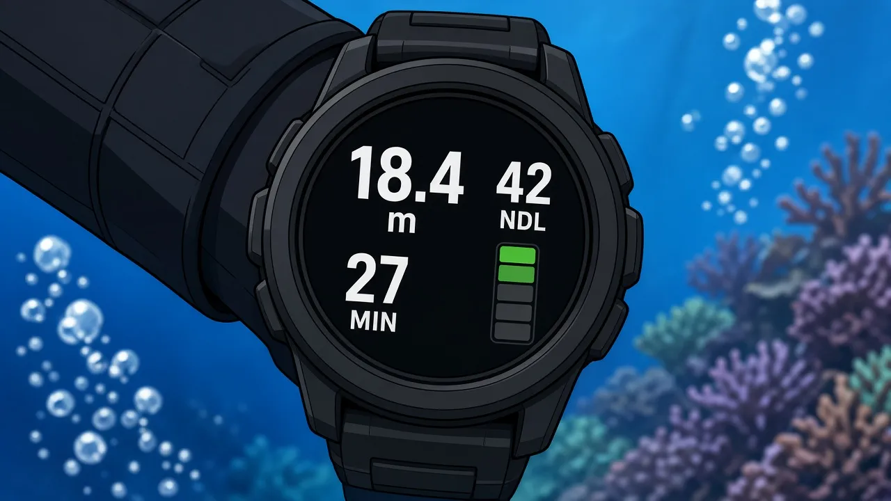 Close-up of a round black wrist dive computer underwater showing a depth of 18.4 metres, a no-decompression limit of 42 minutes, a dive time of 27 minutes and a green ascent-rate bar graph.
