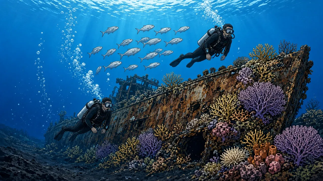 Two scuba divers swimming at different depths along the coral-covered hull of the USAT Liberty shipwreck in Tulamben, Bali, with a school of silver jackfish above, illustrating a multilevel dive profile.
