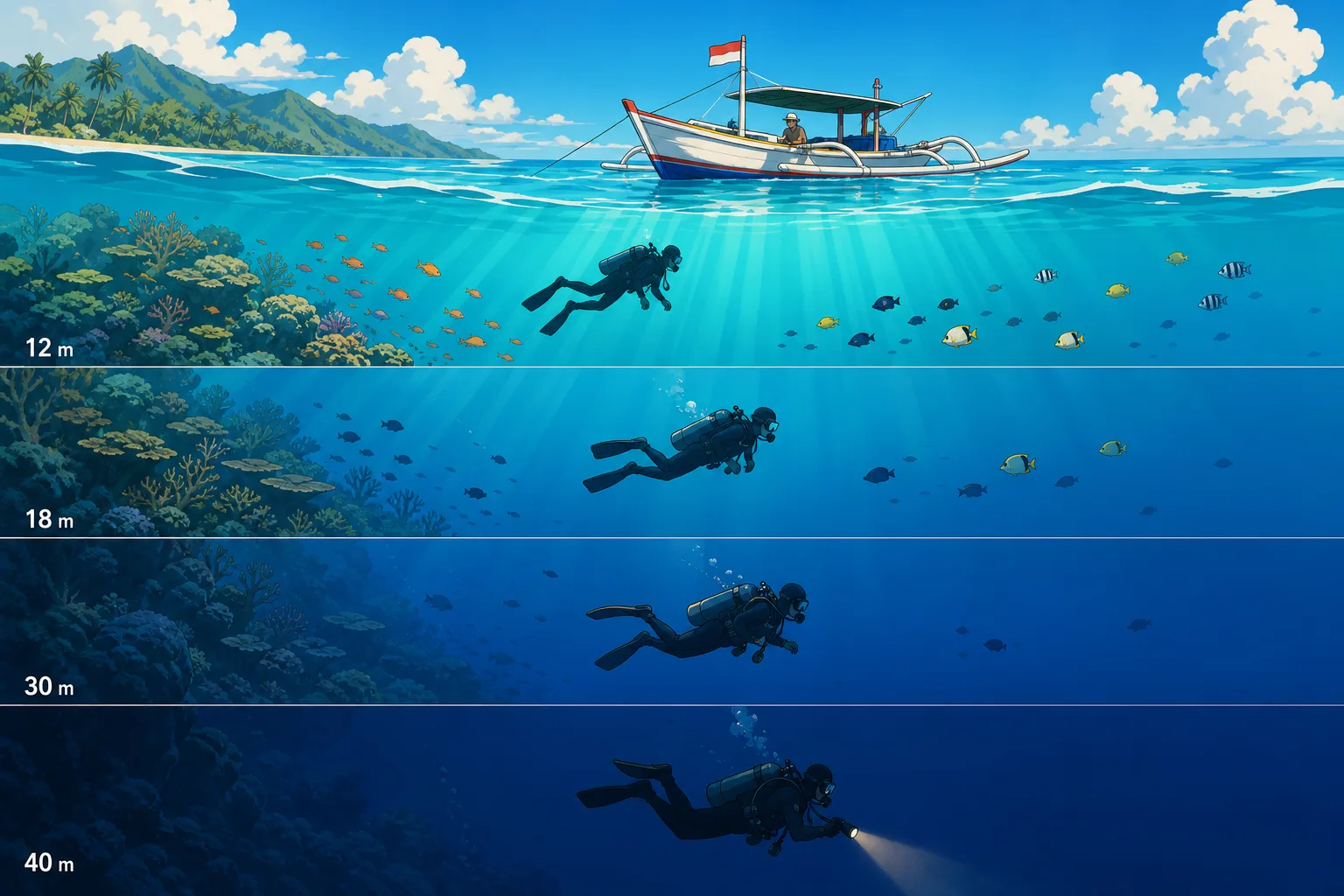 Cel-shaded infographic-style illustration of a vertical depth chart underwater: labelled zones at 12, 18, 30 and 40 metres, each occupied by a diver silhouette, with sunbeams fading from bright turquoise at the top to deep indigo at the bottom and a small fishing boat on the surface.