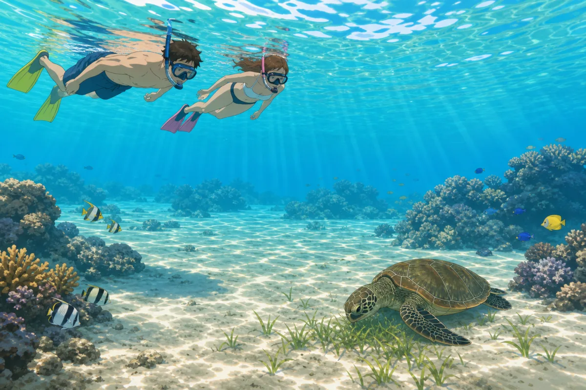 Cel-shaded illustration of two snorkelers at the surface calmly observing a green sea turtle feeding on a reef several metres below them, keeping a respectful distance, bright shallow turquoise water, sunlight patterns dancing on the sandy bottom.