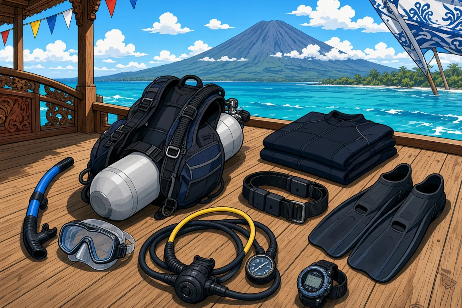 A complete scuba diving kit laid out neatly on the wooden deck of a traditional Balinese dive boat: an aluminium tank with a black BCD jacket attached, a regulator with its yellow octopus hose and pressure gauge, a mask, a snorkel, a pair of fins, a folded wetsuit, a weight belt and a wrist dive computer, with turquoise sea and a distant volcano in the background.