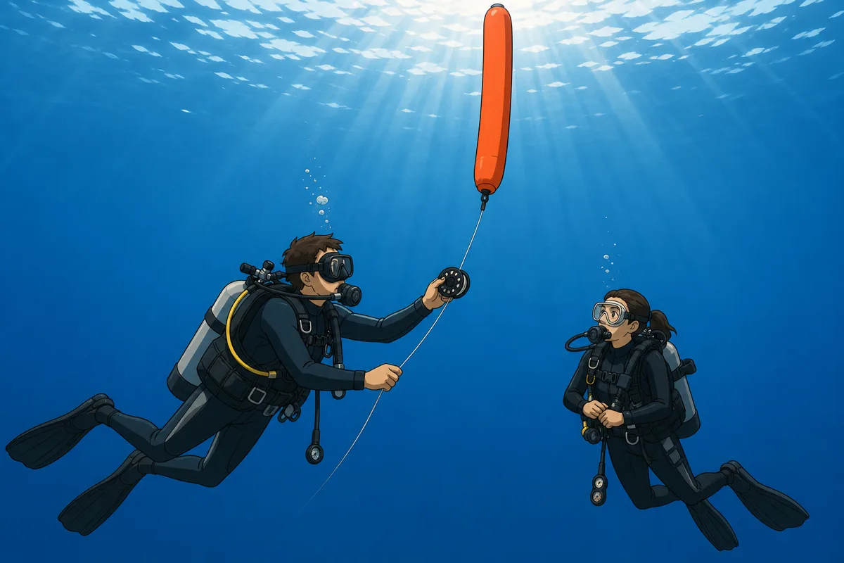 Cel-shaded illustration of a scuba diver at a five-metre safety stop deploying a bright orange DSMB surface marker buoy from a spool while a buddy hovers nearby, the marker rising on its line toward the sunlit surface, standard end-of-dive procedure on Bali drift dives.