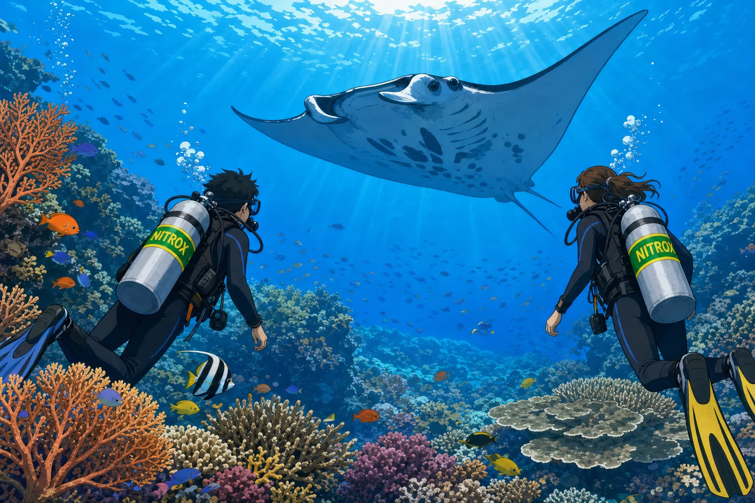 Cel-shaded illustration of two scuba divers with green-and-yellow nitrox tanks watching a manta ray glide over a coral reef at Nusa Penida, Bali.