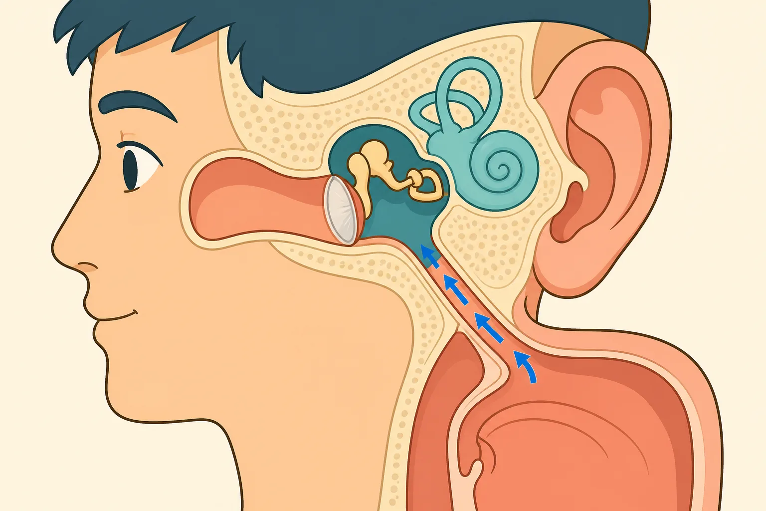 Simple cel-shaded diagram of the ear showing the outer ear canal, eardrum, air-filled middle ear space and the Eustachian tube running to the back of the nose, with arrows showing air travelling up into the middle ear.