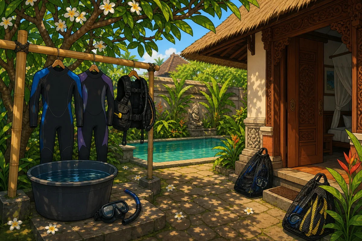 Cel-shaded illustration of a diver-friendly hotel courtyard in Bali: wetsuits and BCDs drying on a bamboo rack beside a gear rinse tub, dive bags by the door of a tropical bungalow, frangipani flowers, morning light.