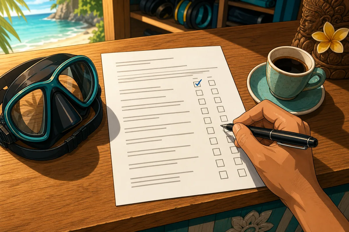 Close-up of a diver medical participant questionnaire on a dive shop counter with a pen resting on the yes and no tick boxes