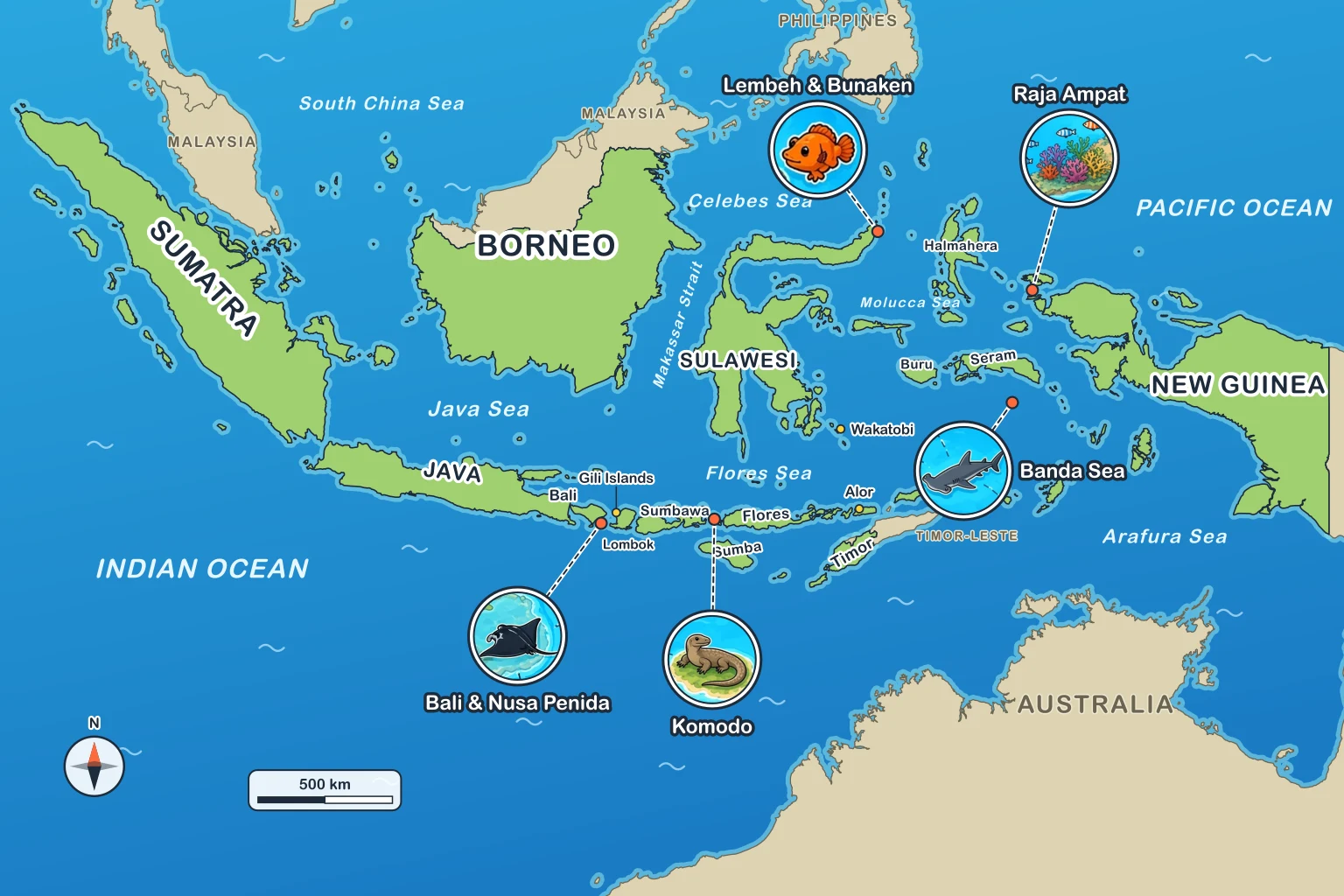 Map of Indonesia showing Sumatra, Java, Borneo, Sulawesi, New Guinea, Bali, Lombok, Flores and Timor, with the main dive regions marked: Bali and Nusa Penida, Komodo, the Banda Sea, Lembeh and Bunaken, and Raja Ampat, plus the Gili Islands, Wakatobi and Alor.