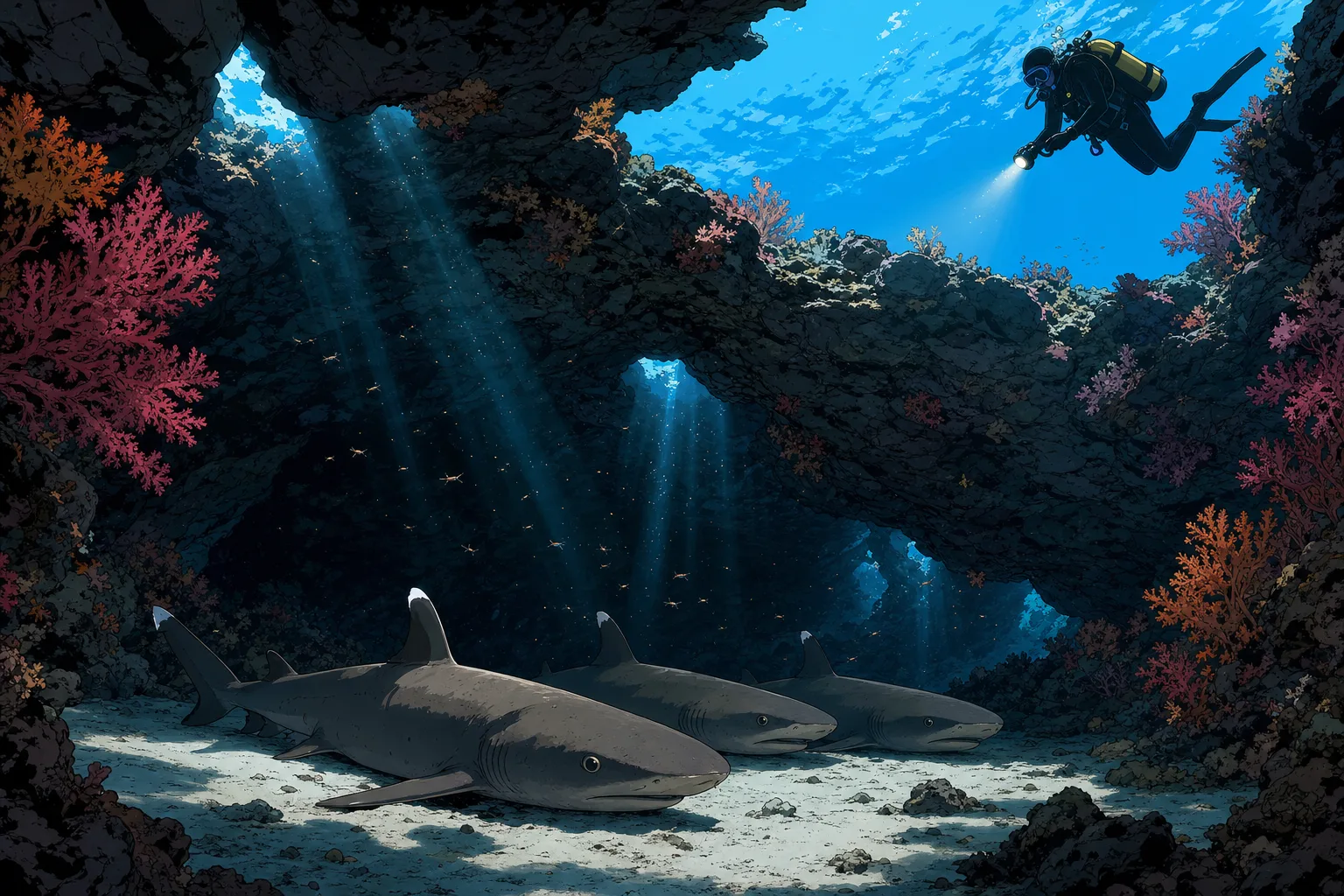 Cel-shaded illustration of three white-tip reef sharks resting on white sand under a rocky overhang at the Shark Cave at Gili Tepekong off Padang Bai, with a single scuba diver hovering cautiously above the cave entrance and shafts of blue light filtering down through cracks in the dark volcanic rock.