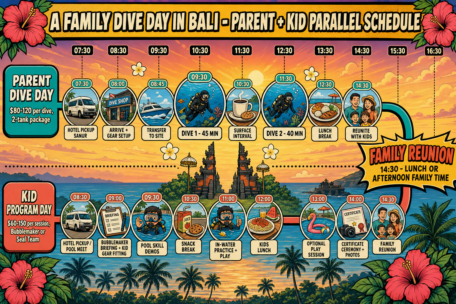 Cel-shaded infographic of a parallel timeline showing a family dive day in Bali. Top track 'PARENT DIVE DAY' (turquoise) shows: 7:30 AM pickup from Sanur hotel, 8:00 AM arrive dive shop and gear setup, 8:45 AM transfer to Tulamben or Sanur reef, 9:30 AM dive 1 (45 minutes), 10:30 AM surface interval and snack, 11:30 AM dive 2 (40 minutes), 12:30 PM lunch break, 1:30 PM return to dive shop, 2:30 PM reunite with kids at the pool, 3:30 PM hotel drop-off. Bottom track 'KID PROGRAM DAY' (coral) shows: 8:30 AM hotel pickup or pool meet-up, 9:00 AM Bubblemaker briefing and gear fitting, 9:30 AM pool skill demonstrations, 10:30 AM in-water practice and play time, 11:30 AM snack break with juice, 12:00 PM second pool session (skill repetition + fun play), 1:00 PM kids lunch and rest, 2:00 PM optional second session or pool play, 3:00 PM certificate ceremony and photos, 3:30 PM family reunion. Both tracks converge at 3:30 PM with a 'FAMILY REUNION' banner. Balinese palm trees, temple gate, hibiscus flowers, and a hotel pool icon in the background.
