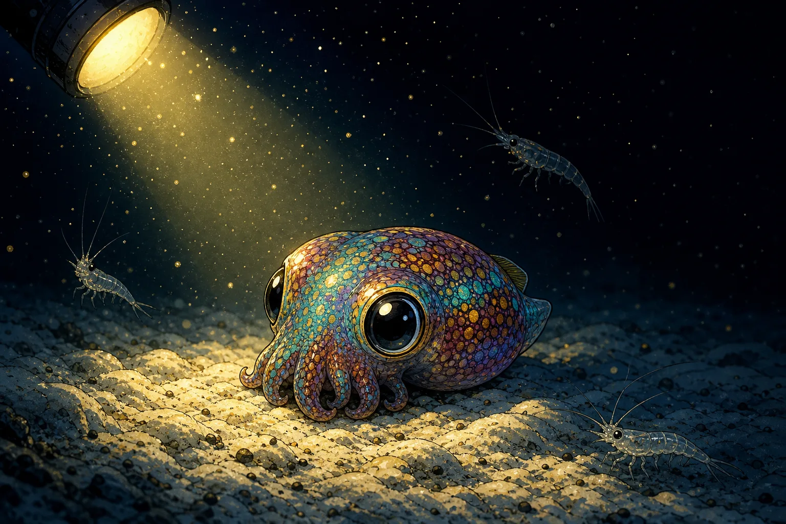 Cel-shaded macro illustration of a tiny rainbow-spotted bobtail squid sitting on rippled white volcanic sand at night, lit by a warm torch beam from above, with translucent mysid shrimp drifting around in the dark water.