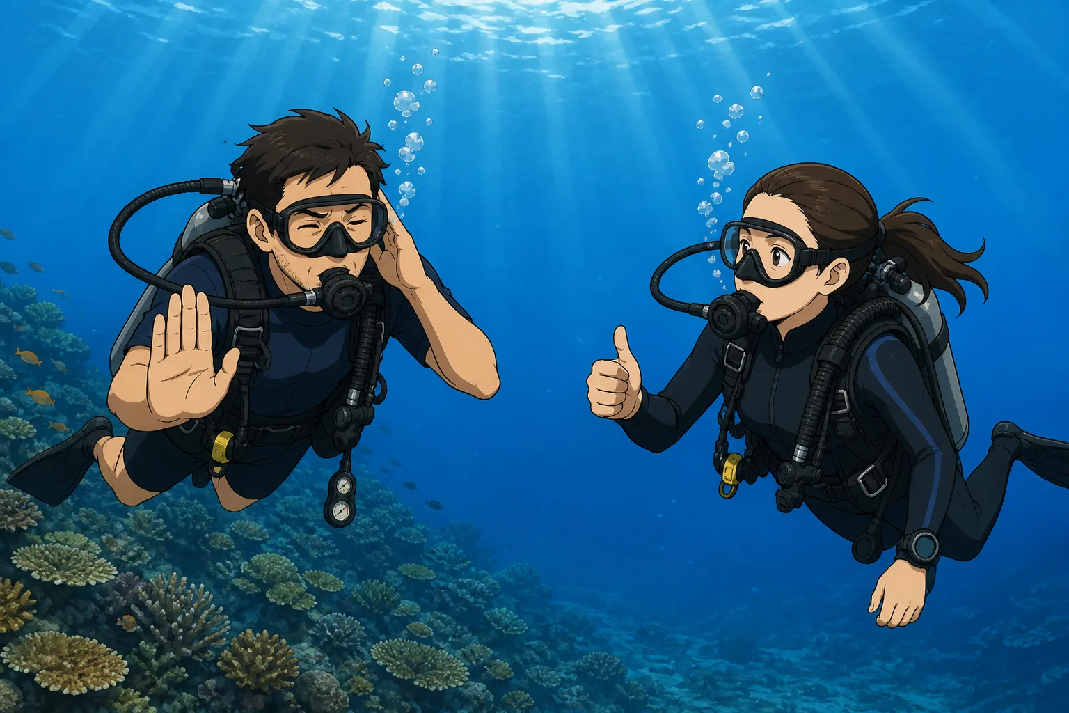 Cel-shaded illustration of a diver stopping his descent and signalling ear trouble while a dive guide calmly signals for him to ascend slightly, above a reef in Bali.