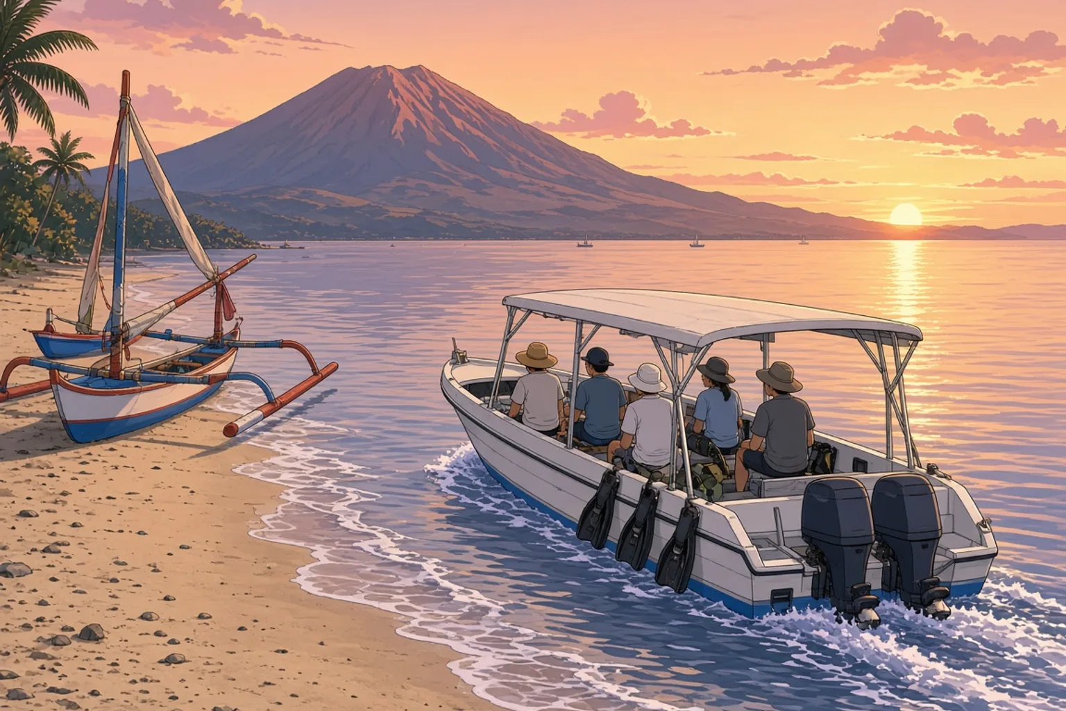 A white dive boat with a covered deck motoring away from Sanur beach at dawn, a small group of snorkelers seated under the canopy, the sea calm and pink-gold in the early light, with the volcanic cone of Mount Agung rising on the horizon behind.