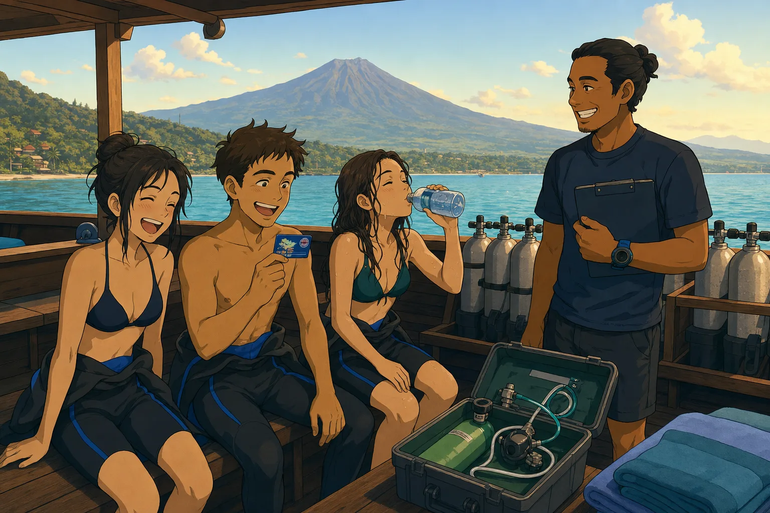 Cel-shaded illustration of three tired but happy students on a Balinese dive boat holding a new PADI Rescue Diver certification card, with their instructor and Mount Agung in the background.