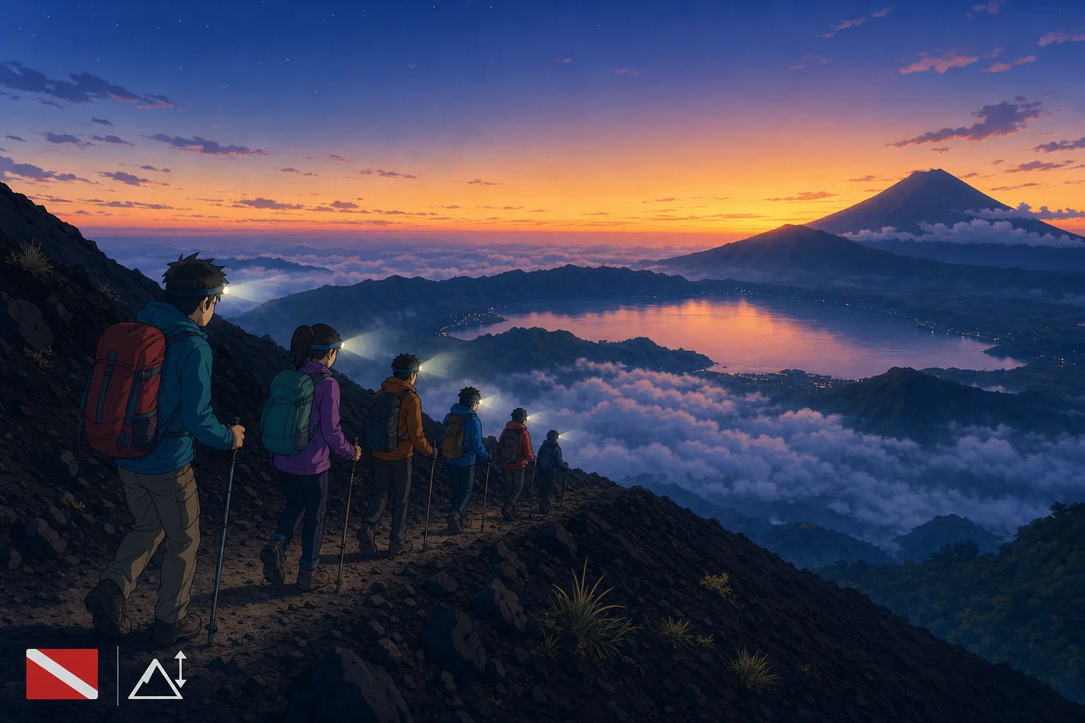 Cel-shaded illustration of hikers on the dark volcanic trail of Mount Batur at sunrise, mist in the caldera below and Lake Batur glinting in dawn light, with a small stylised dive flag and altitude marker in the corner hinting that the 1,700-metre summit counts as altitude exposure after diving.