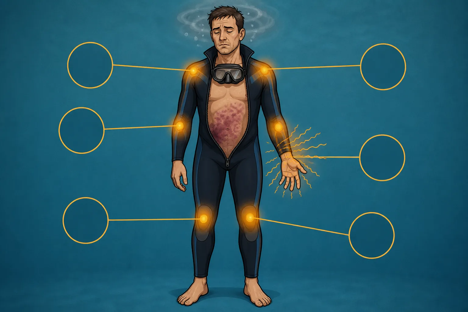Cel-shaded medical explainer illustration of a diver in a partly unzipped wetsuit with amber glow marks on the shoulders, elbows and knees, a mottled skin patch on the torso, tingle lines radiating from one forearm, and a grey haze around the head indicating dizziness