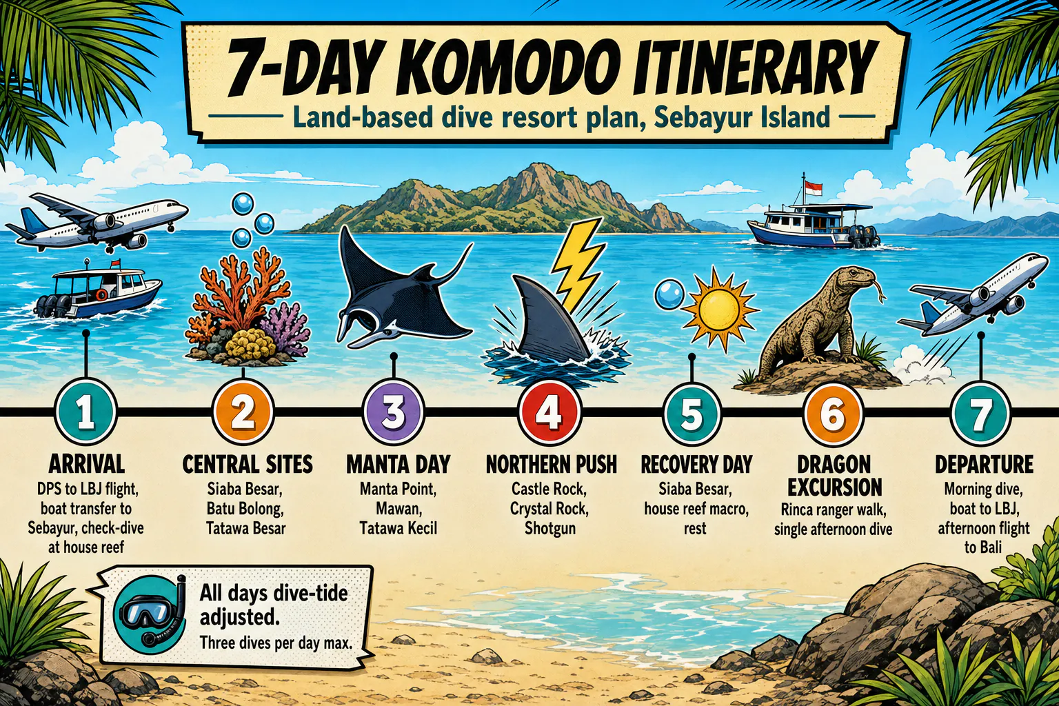 Stylised 7-day Komodo dive trip itinerary infographic showing day-by-day plan from arrival in Labuan Bajo, transfer to Sebayur Island, dives at central and northern Komodo sites, manta day, Castle Rock big-current day, Komodo dragon excursion and departure.