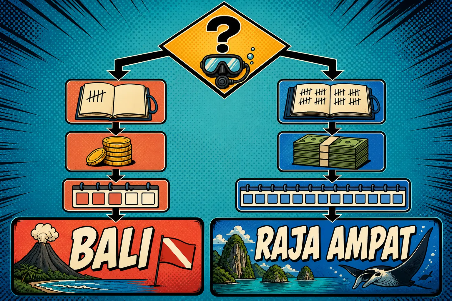 Comic-style decision flowchart with a question-mark diamond branching into two paths, one showing a thin logbook, small coin stack and short calendar leading to Bali, the other showing a thick logbook, tall stack of banknotes and long calendar leading to Raja Ampat