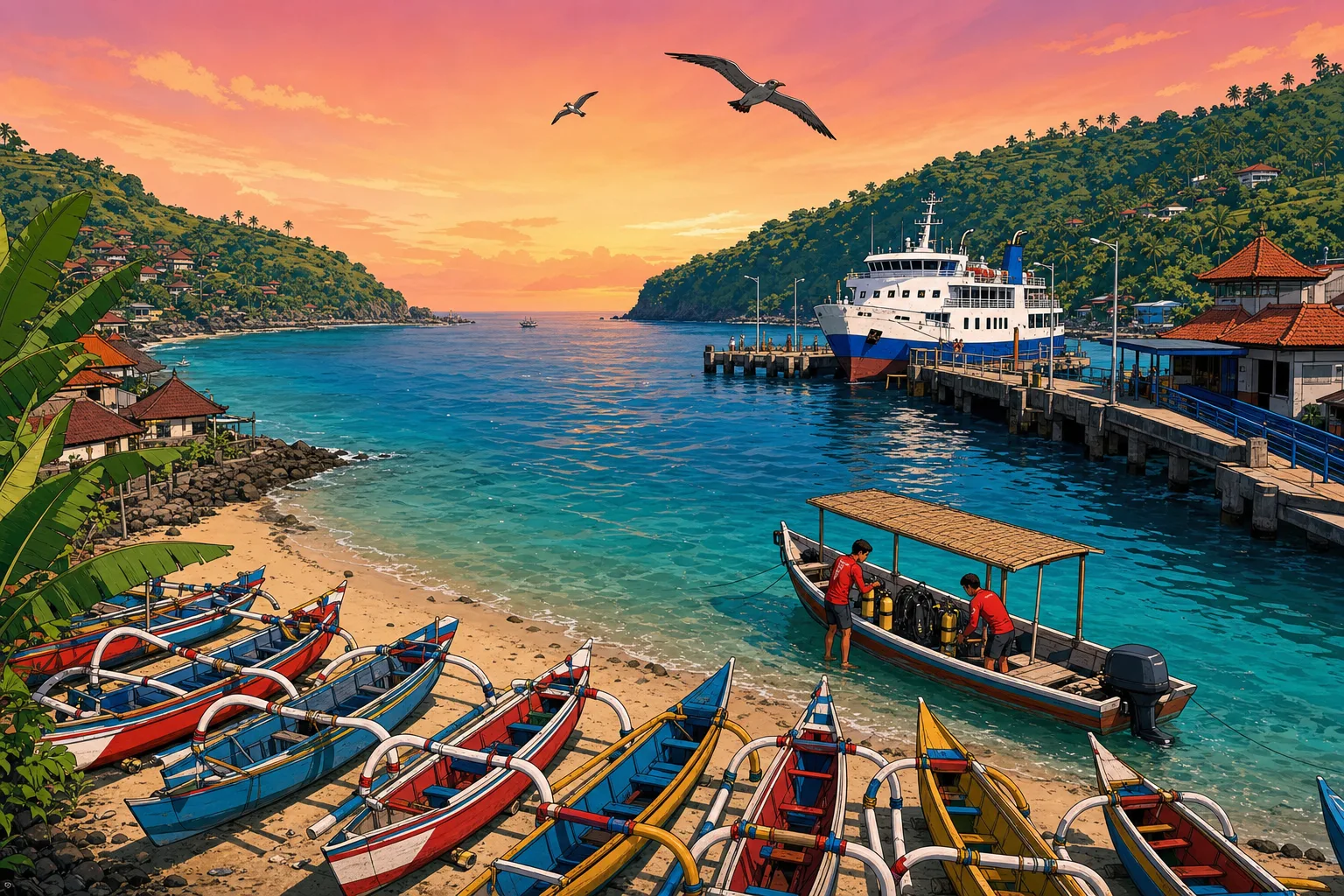 Cel-shaded elevated dawn view of Padang Bai harbour in Bali, with a row of traditional jukung outrigger fishing canoes on the beach, two Indonesian dive crew in red rashguards loading yellow tanks into a small wooden dive boat, the Lombok ferry at the pier, steep green hills behind and a pink-orange sunrise sky.