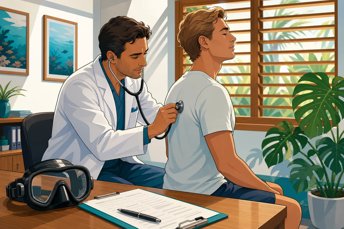 Doctor in a bright Bali clinic listening to a scuba diver's chest with a stethoscope, dive mask and medical form on the desk beside them
