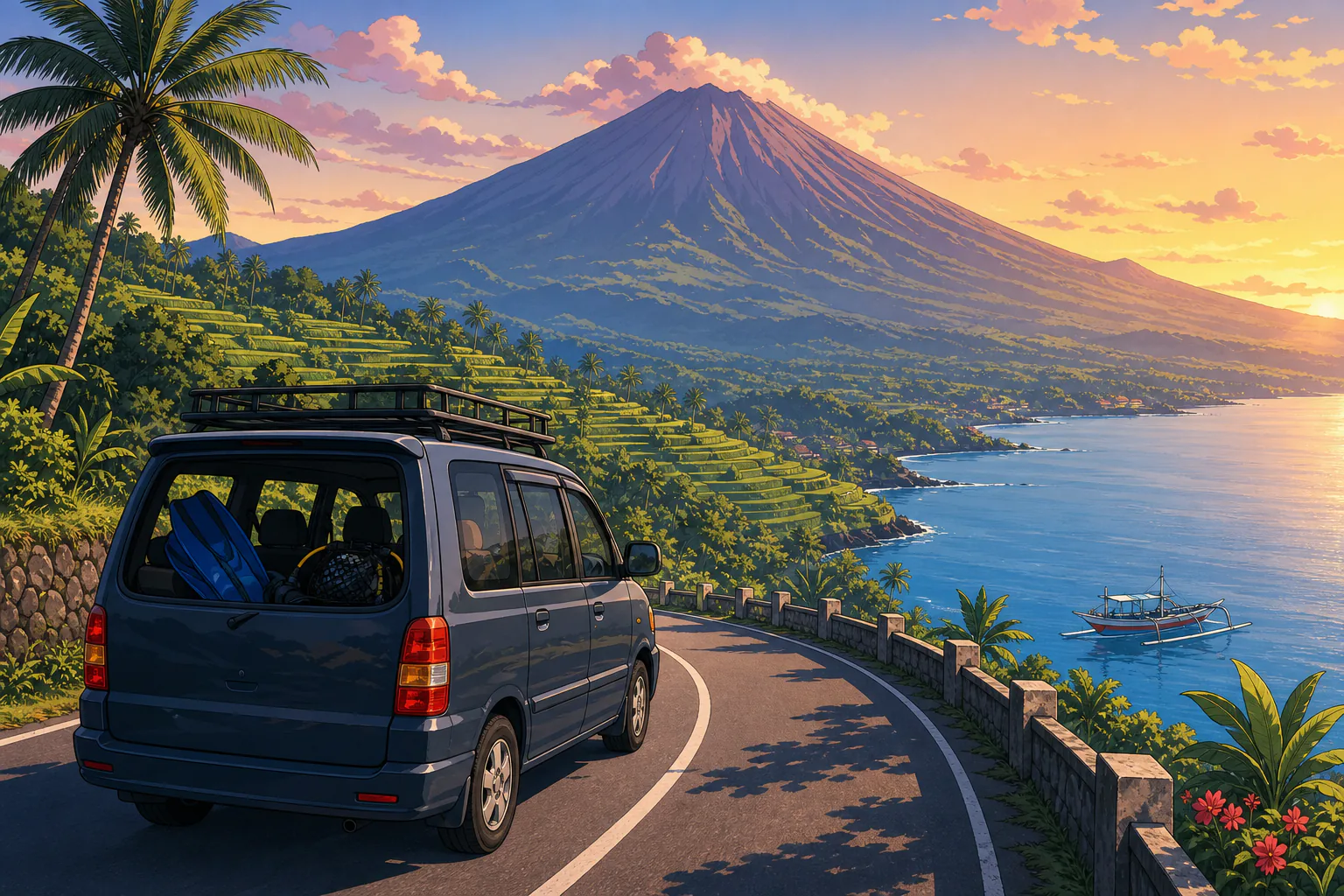 Cel-shaded illustration of a private trip minivan with dive gear driving a winding East Bali coastal road at sunrise, rice terraces on the hillside and Mount Agung volcano towering over the sea.