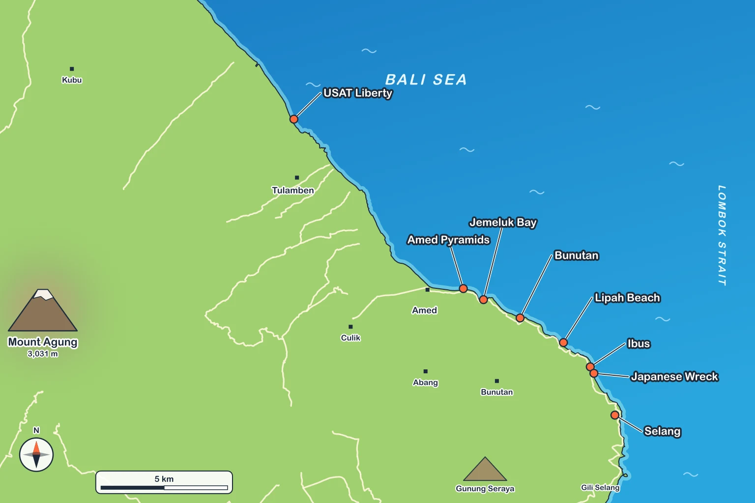 Map of the Amed coast in north-east Bali showing the snorkeling spots: the USAT Liberty at Tulamben, the Amed Pyramids, Jemeluk Bay, Bunutan, Lipah Beach, Ibus, the Japanese Wreck at Banyuning and Selang, with Mount Agung and Gunung Seraya inland.