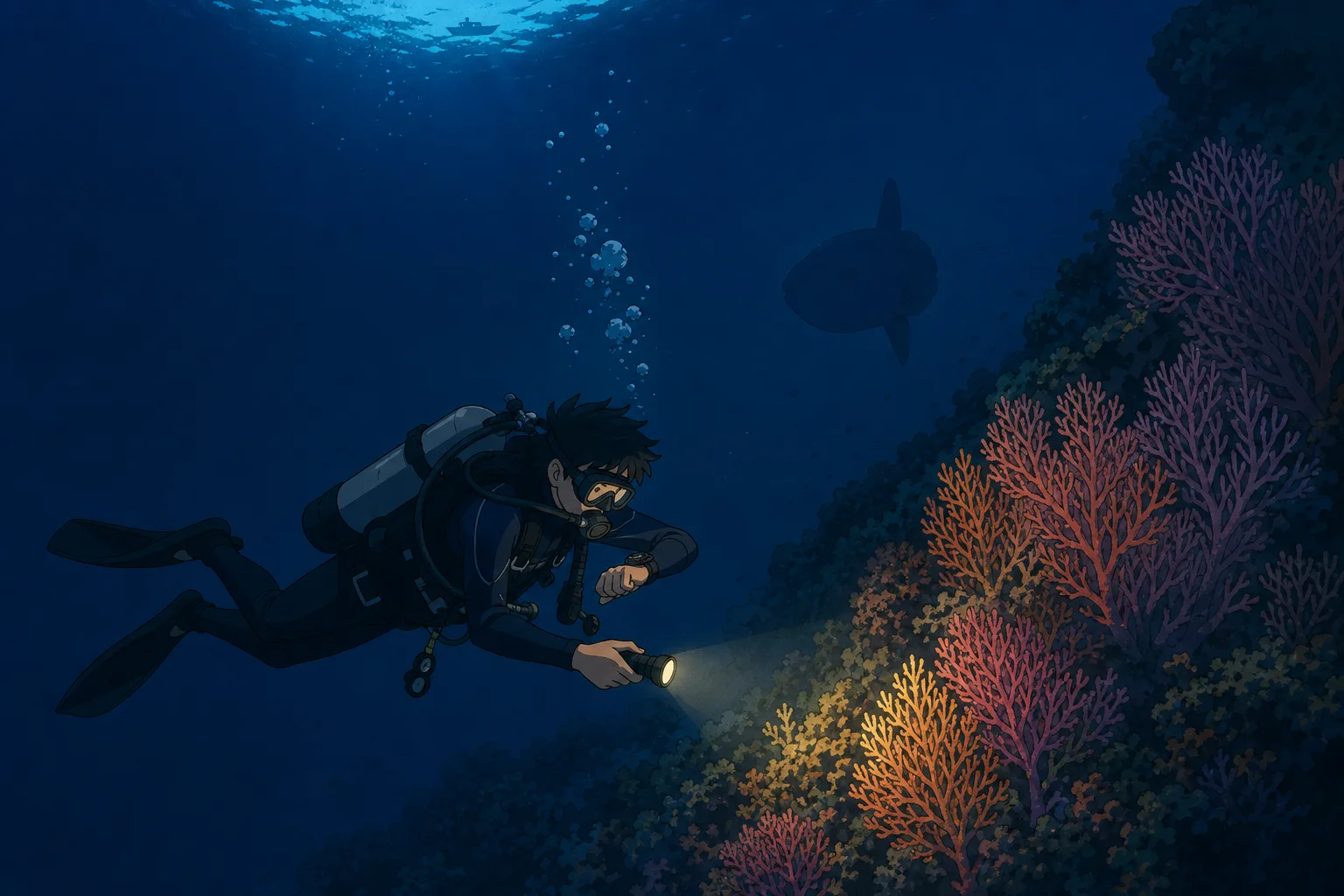 Cel-shaded illustration of a deep diver hovering at 40 metres beside a steep coral wall at Crystal Bay, Nusa Penida, holding a torch and checking a wrist dive computer, with a mola mola sunfish silhouette in the dark blue distance and bubbles rising toward a distant bright surface.