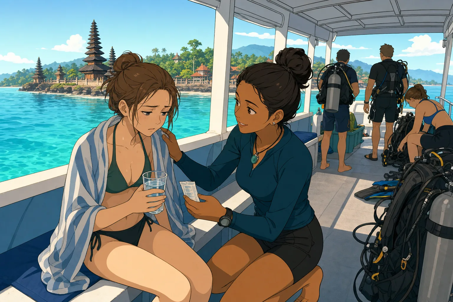 Cel-shaded illustration of a dive guide handing oral rehydration salts and water to a pale-looking guest sitting out a dive on a Balinese dive boat.