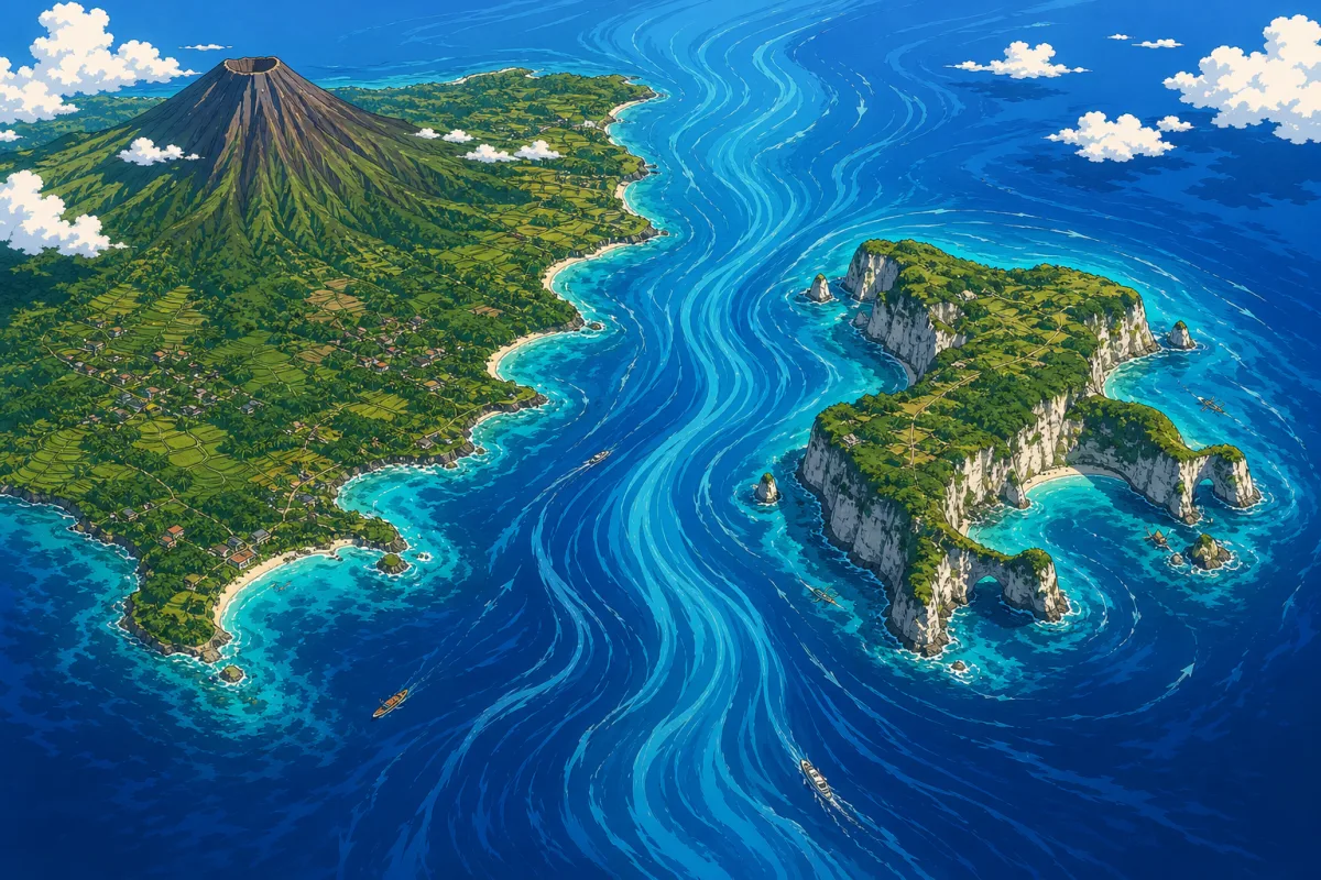Cel-shaded stylised aerial illustration of the seas around Bali and Nusa Penida with sweeping curved current lines flowing south between the islands through the Lombok Strait, deep blue open ocean to the south, turquoise shallows near the coasts, Mount Agung rising on Bali, no text or labels.
